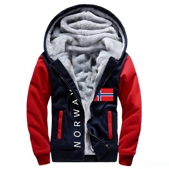 Men's plush-lined zip hoodie jacket in navy/red, print detail, alternative view