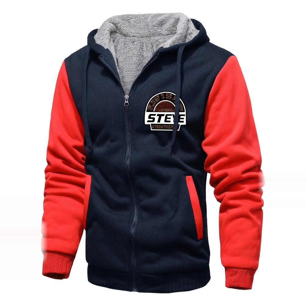 Men's plush-lined zip hoodie jacket in navy/red, print detail