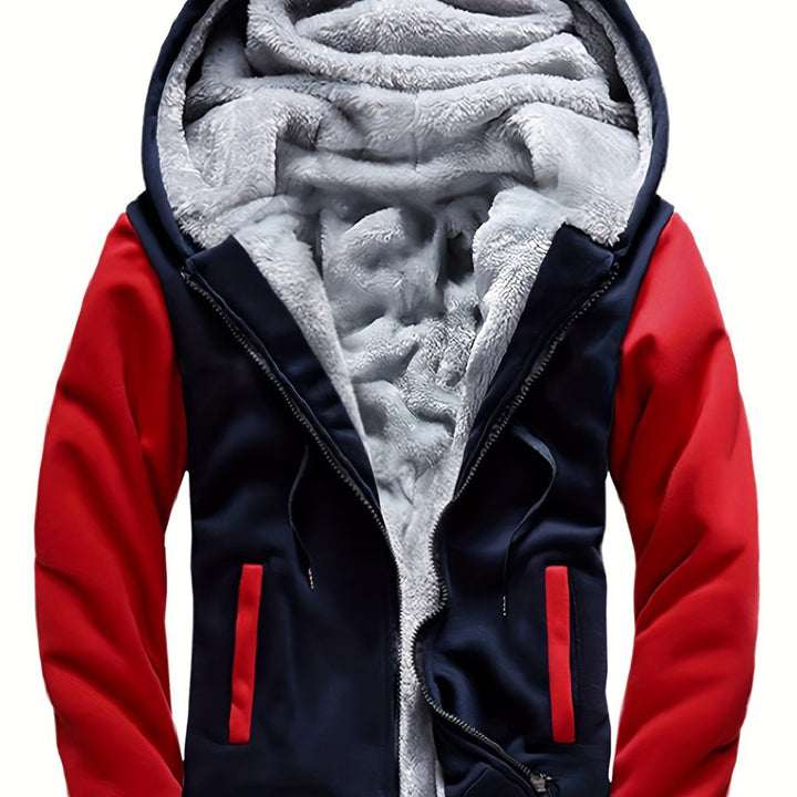 Men's plush-lined zip hoodie jacket in navy/red