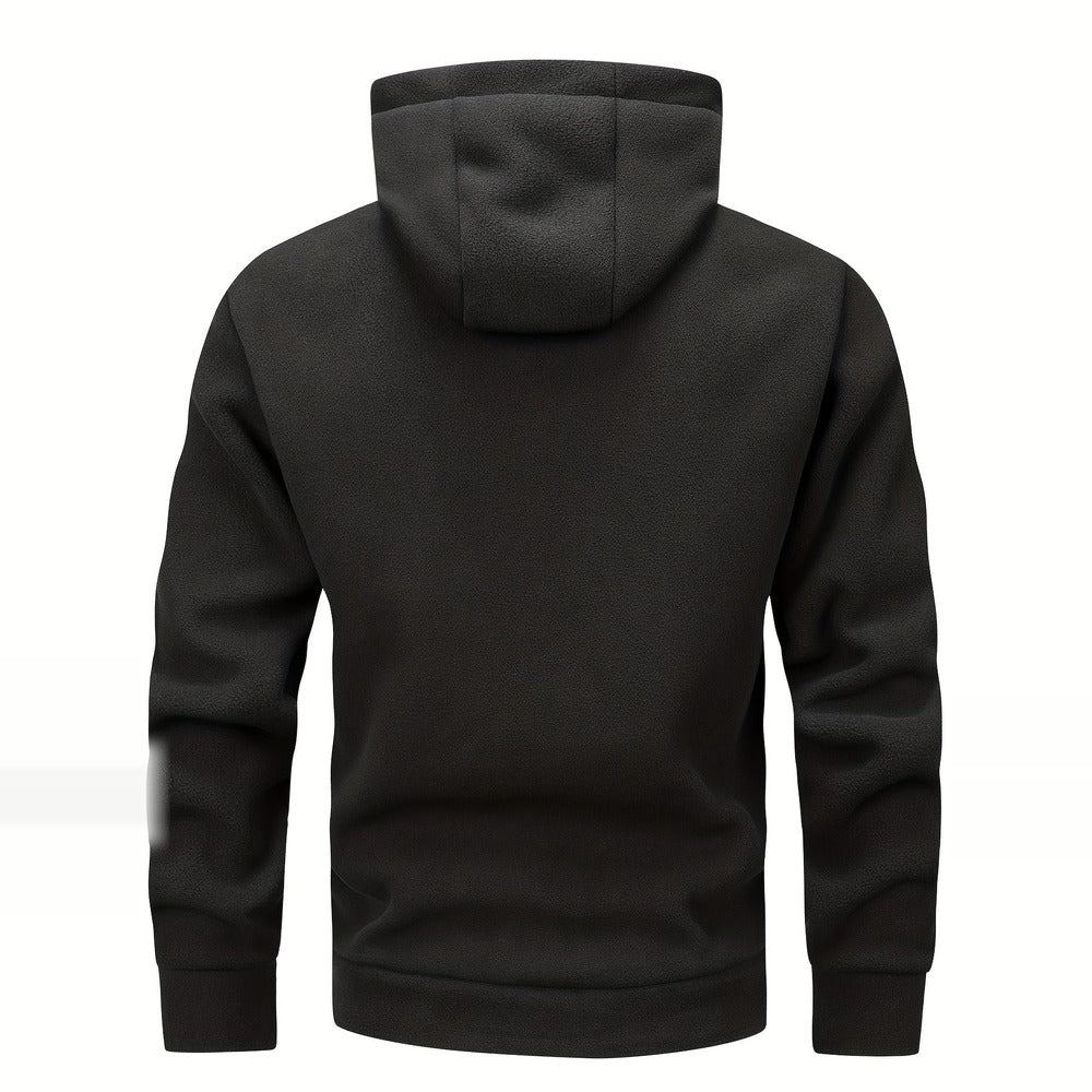 Men's thick zip-up hoodie in black, back view