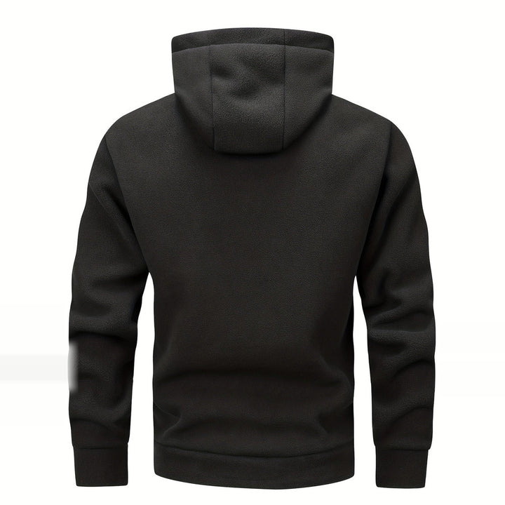 Men's thick zip-up hoodie in black, back view