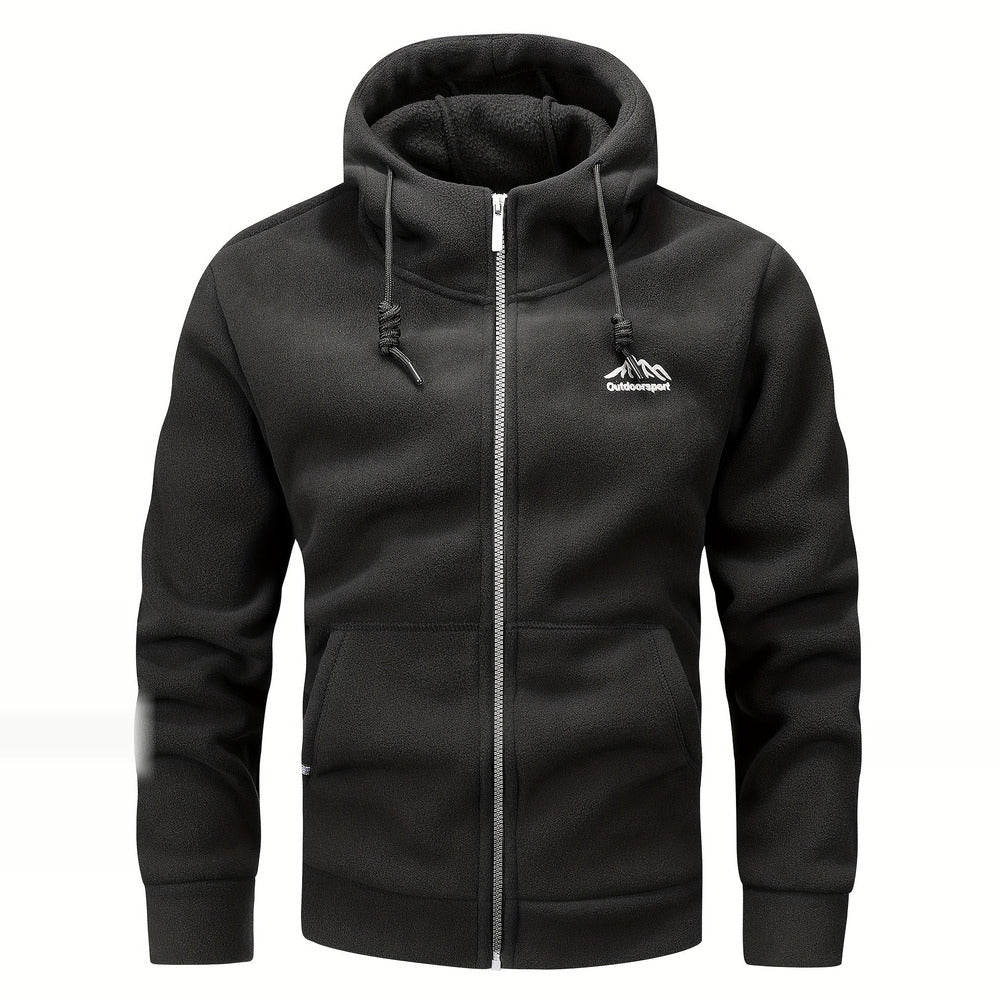 Men's thick zip-up hoodie in black, front view