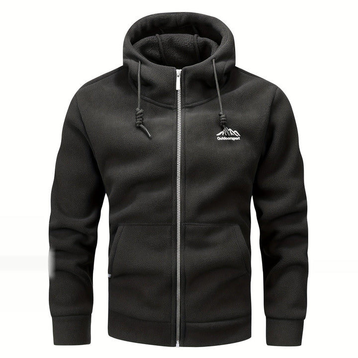 Men's thick zip-up hoodie in black, front view