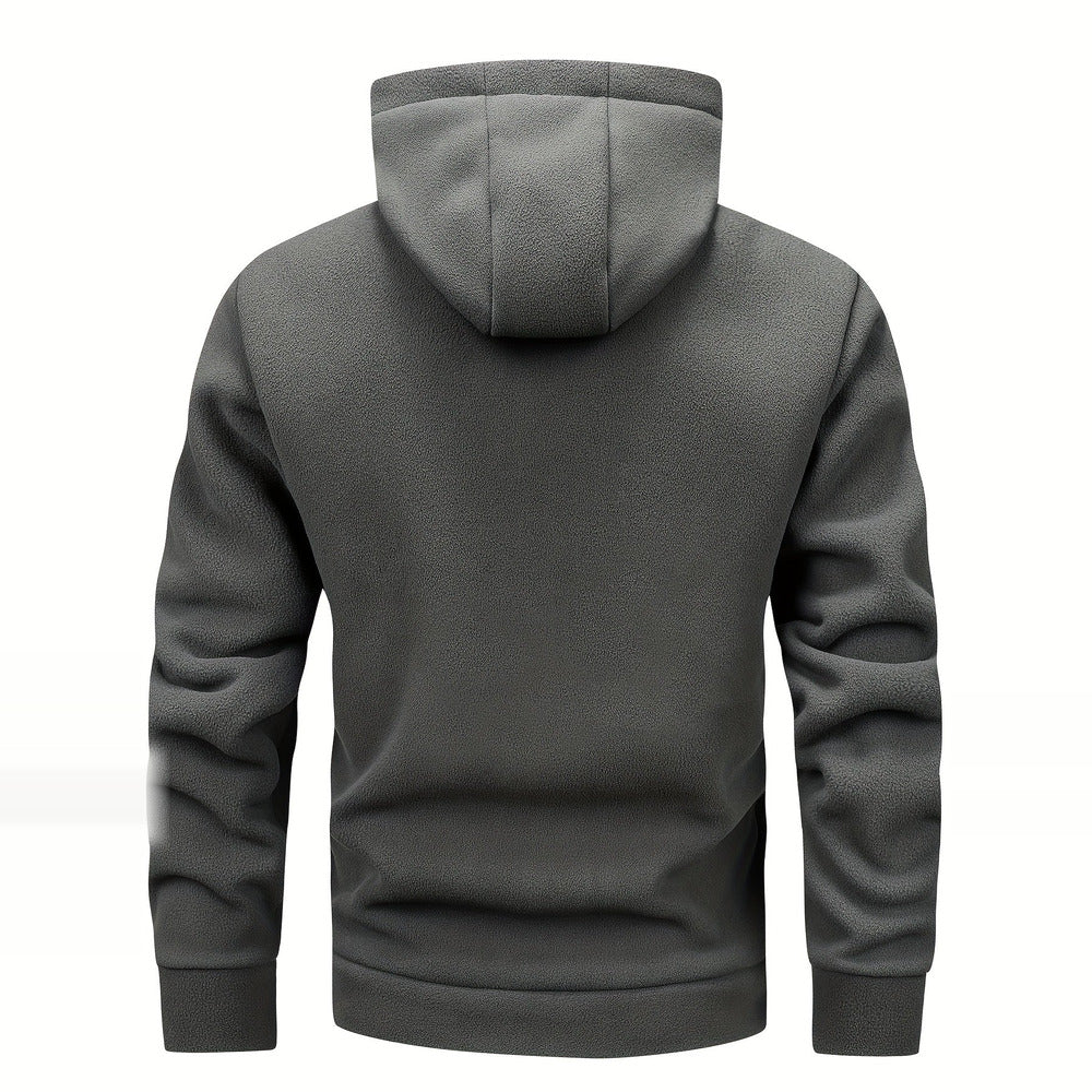 Men's thick zip-up hoodie in dark grey, back view