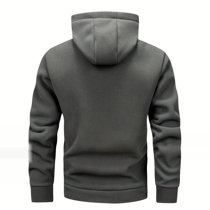 Men's thick zip-up hoodie in dark grey, back view