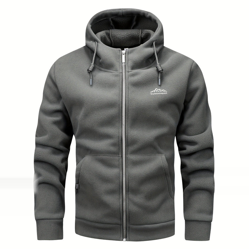 Men's thick zip-up hoodie in dark grey, front view