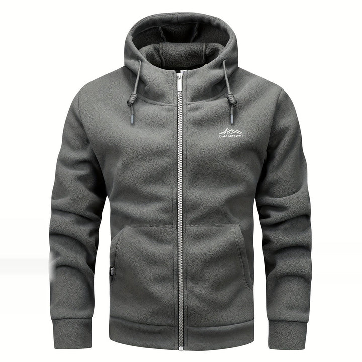 Men's thick zip-up hoodie in dark grey, front view