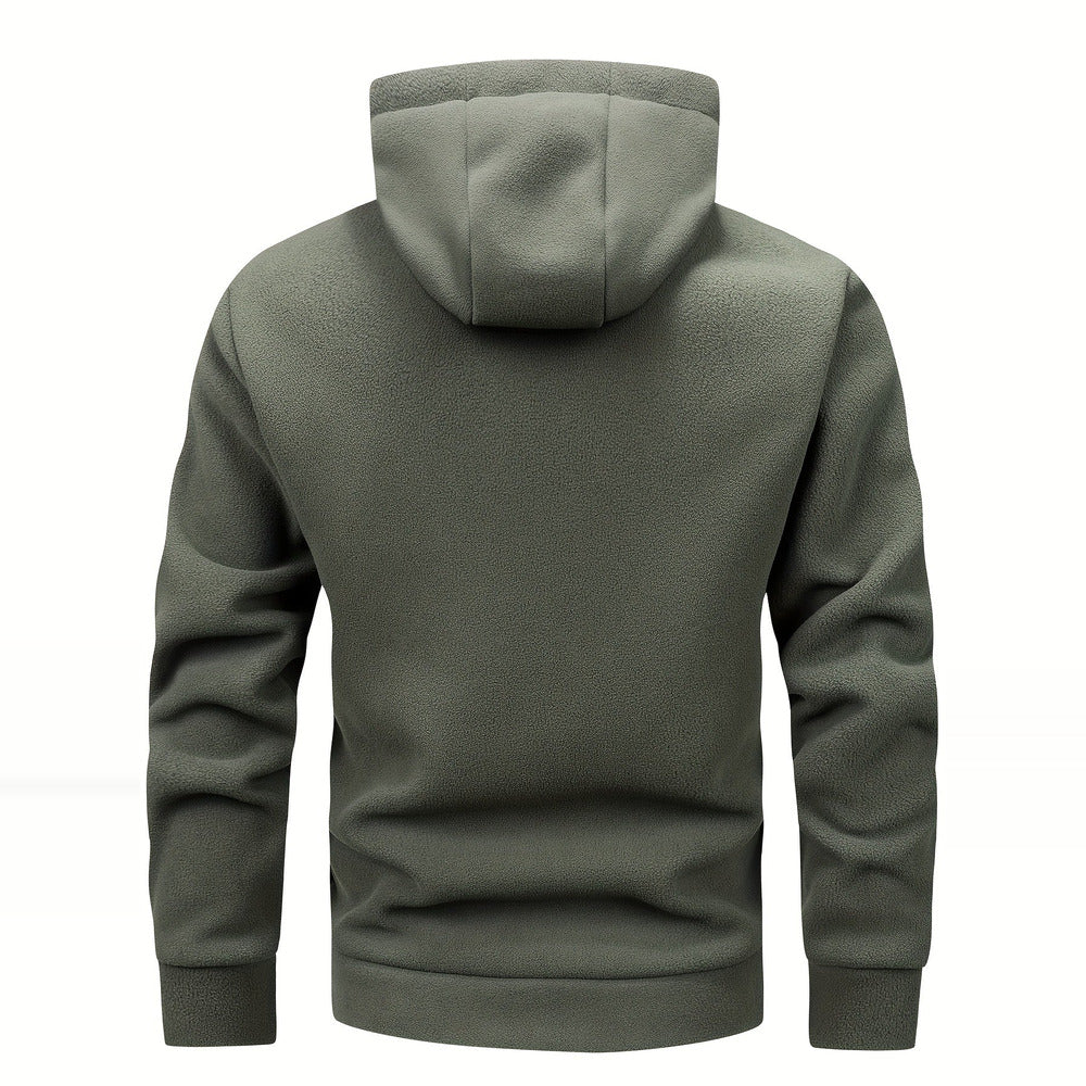 Men's thick zip-up hoodie in fern green, back view
