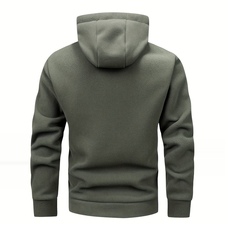 Men's thick zip-up hoodie in fern green, back view