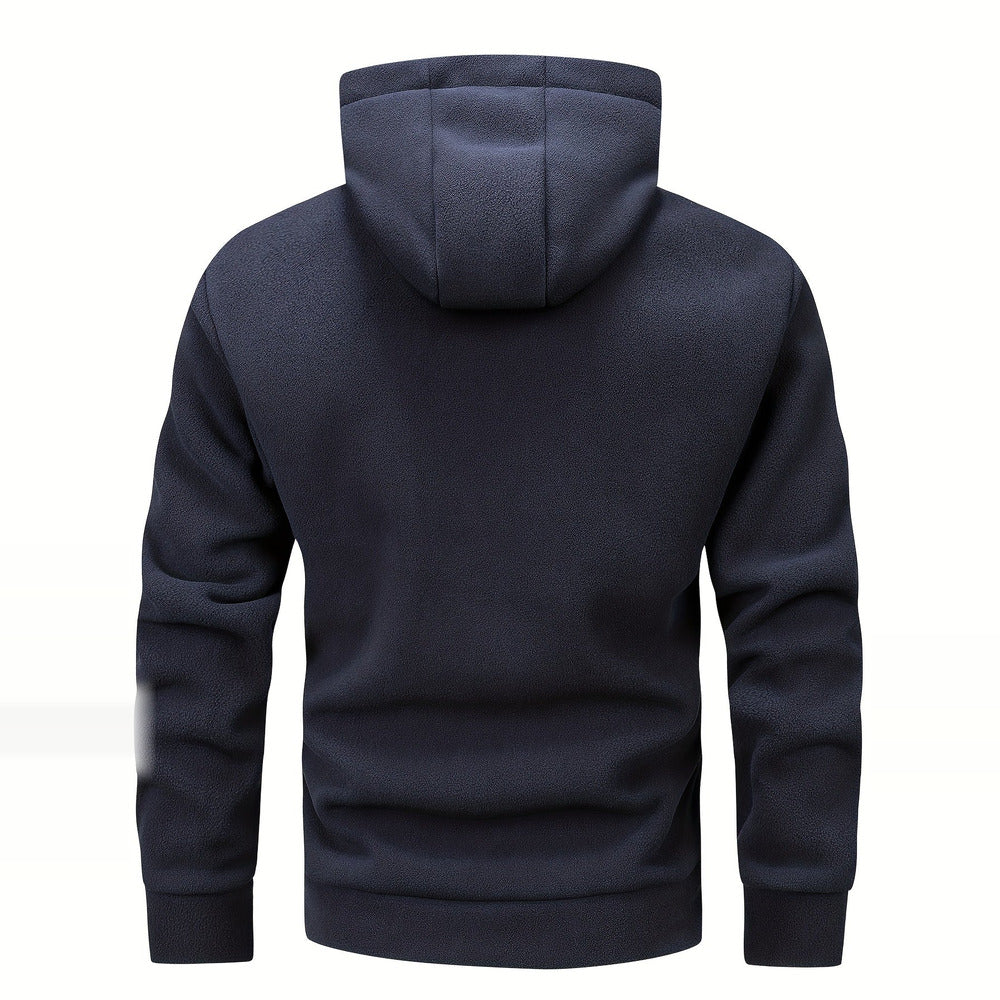 Men's thick zip-up hoodie in navy, back view