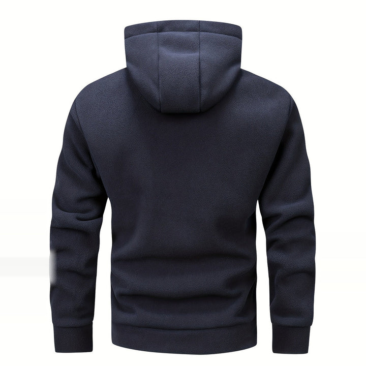 Men's thick zip-up hoodie in navy, back view