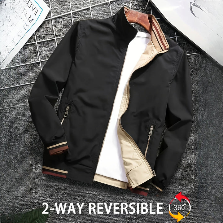 Men's reversible bomber jacket in black, showing the reversible inner side