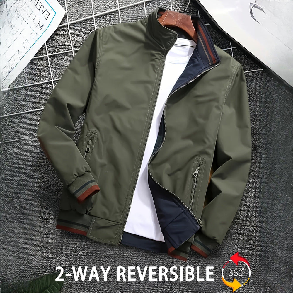 Men's reversible bomber jacket in fern green, showing the reversible inner side