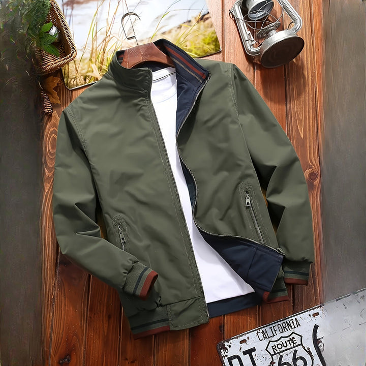 Men's reversible bomber jacket in fern green, styled view