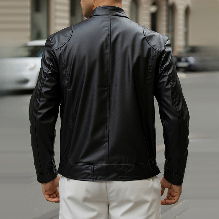 Men's slim fit biker jacket in black, back view