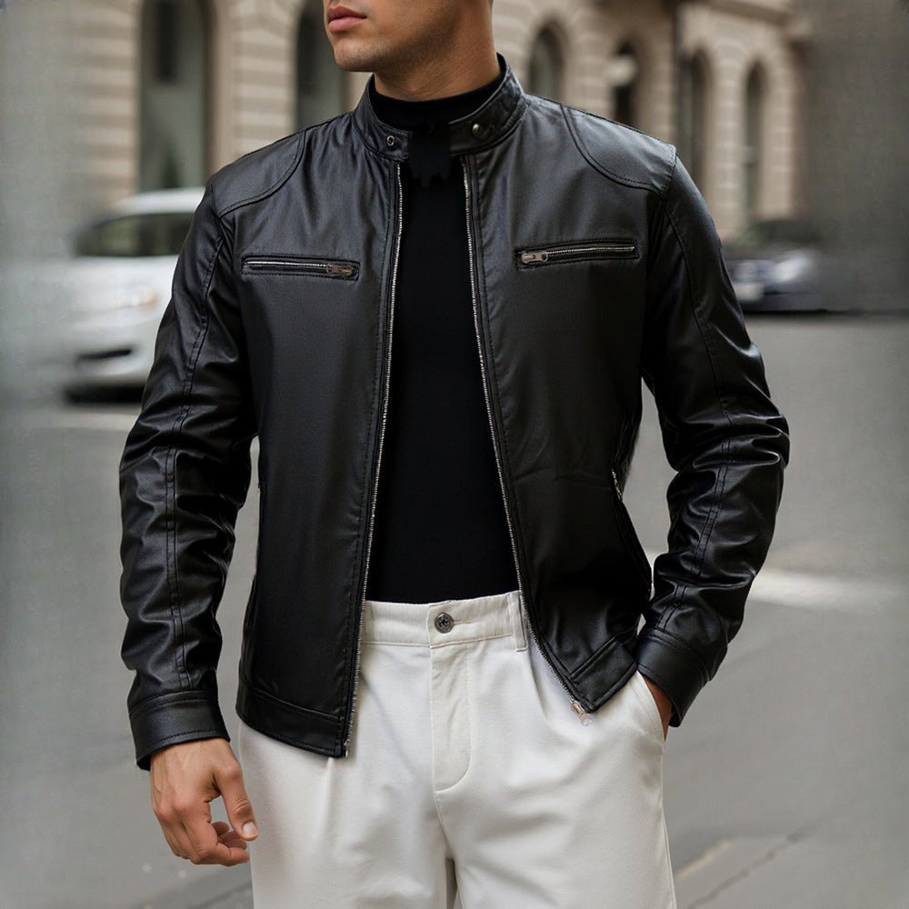 Men's slim fit biker jacket in black, front view