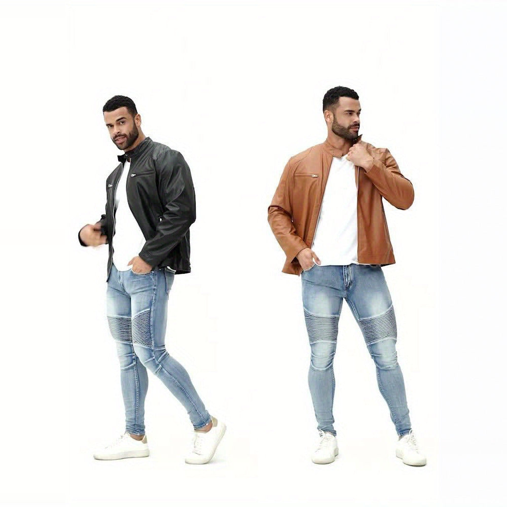 Men's slim fit biker jacket in black and tan worn by models