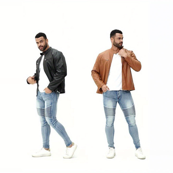 Men's slim fit biker jacket in black and tan worn by models