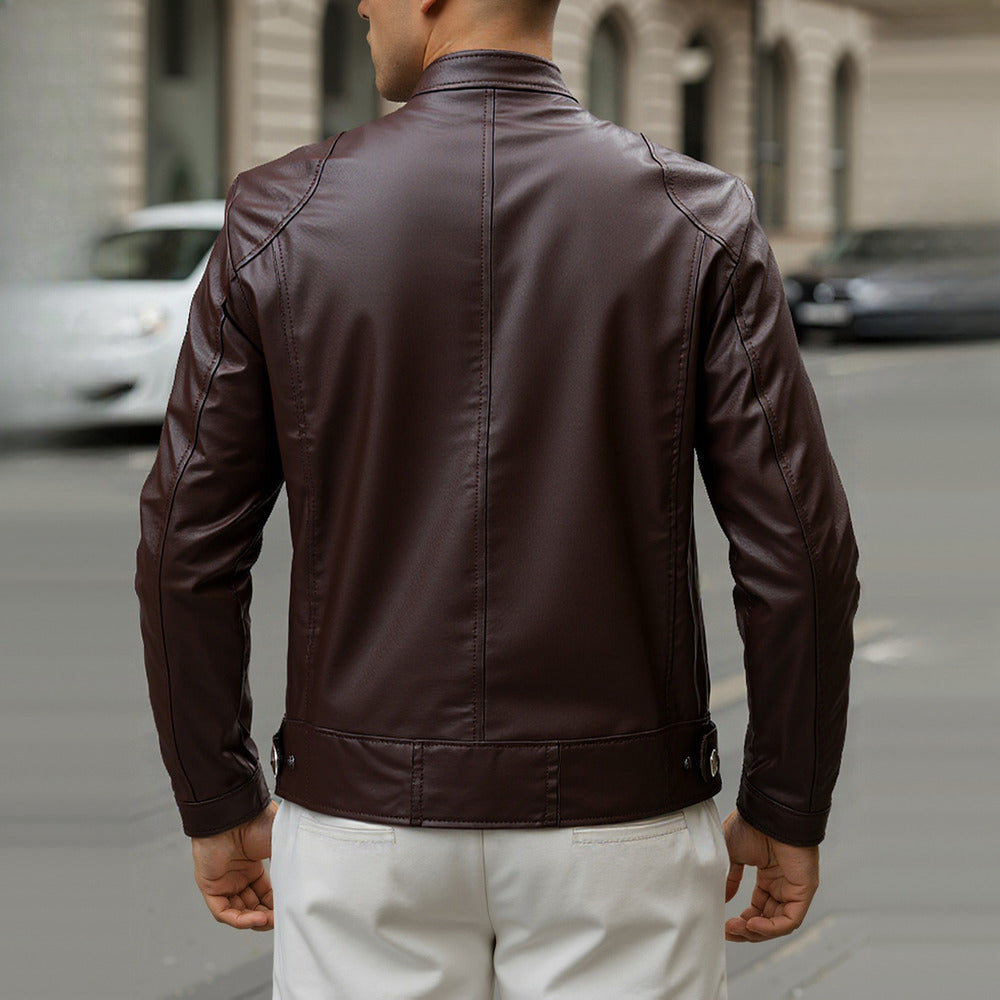Men's slim fit biker jacket in brown, back view