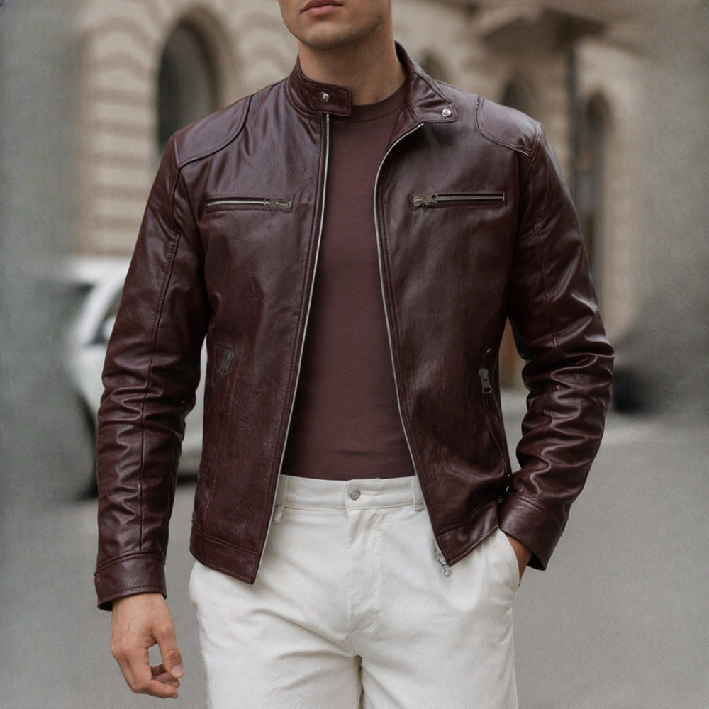 Men's slim fit biker jacket in brown, front view