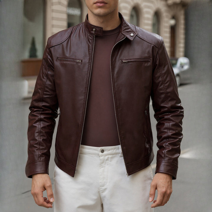Men's slim fit biker jacket in brown, worn by a model