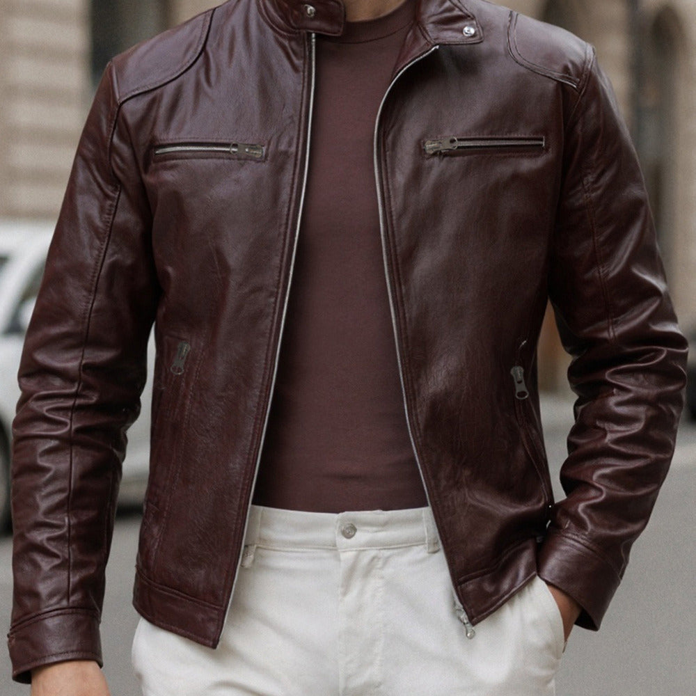 Men's slim fit biker jacket in brown