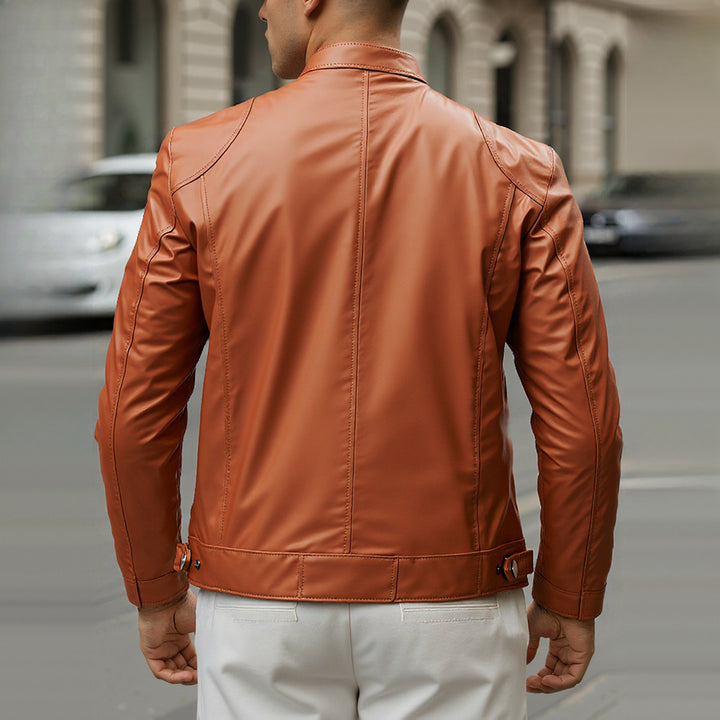 Men's slim fit biker jacket in tan, back view