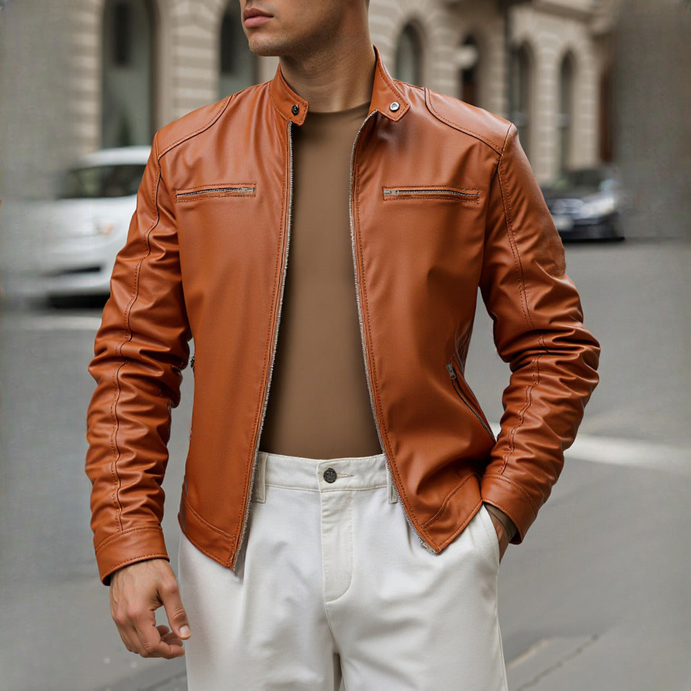 Men's slim fit biker jacket in tan, front view