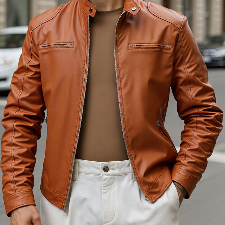 Men's slim fit biker jacket in tan