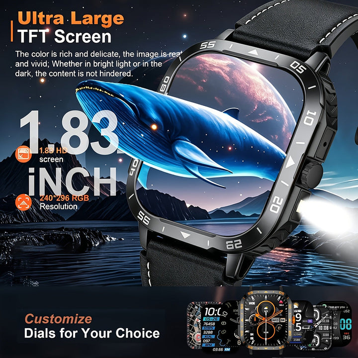 Men's rugged smart watch with 1.83-inch display and built-in LED torch