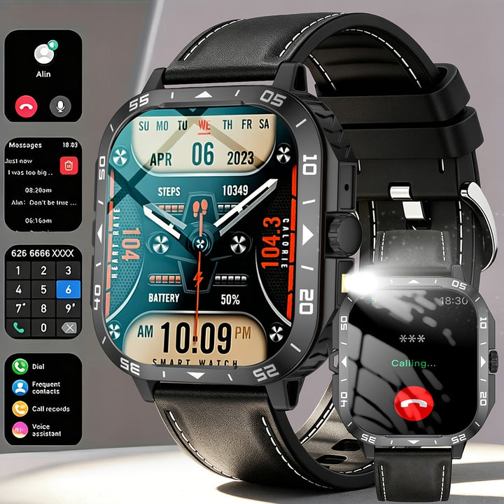 Men's rugged smart watch with 1.83-inch display and built-in LED torch
