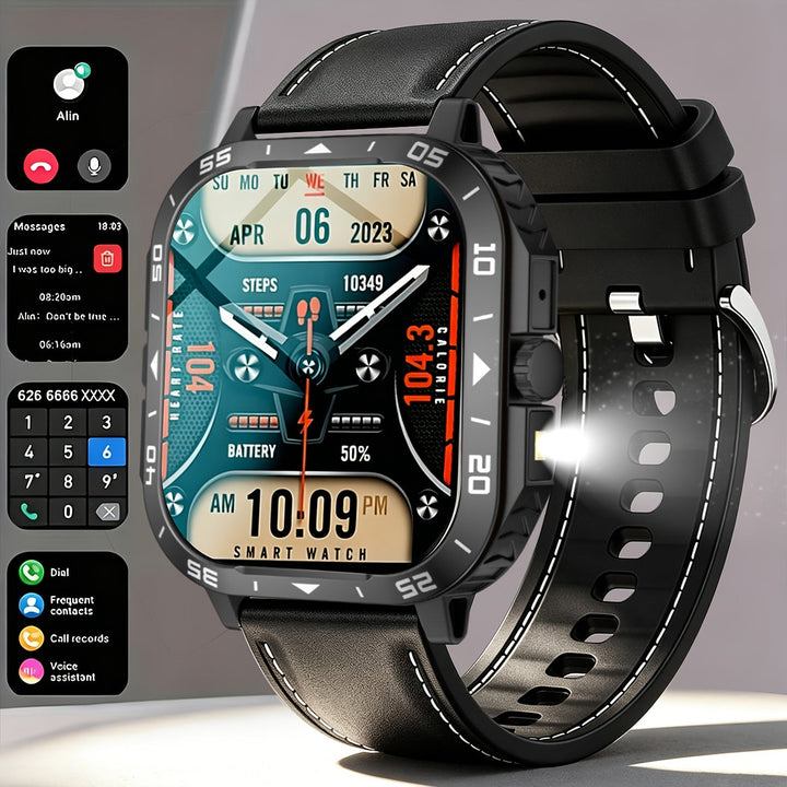 Men's rugged smart watch with 1.83-inch display and built-in LED torch