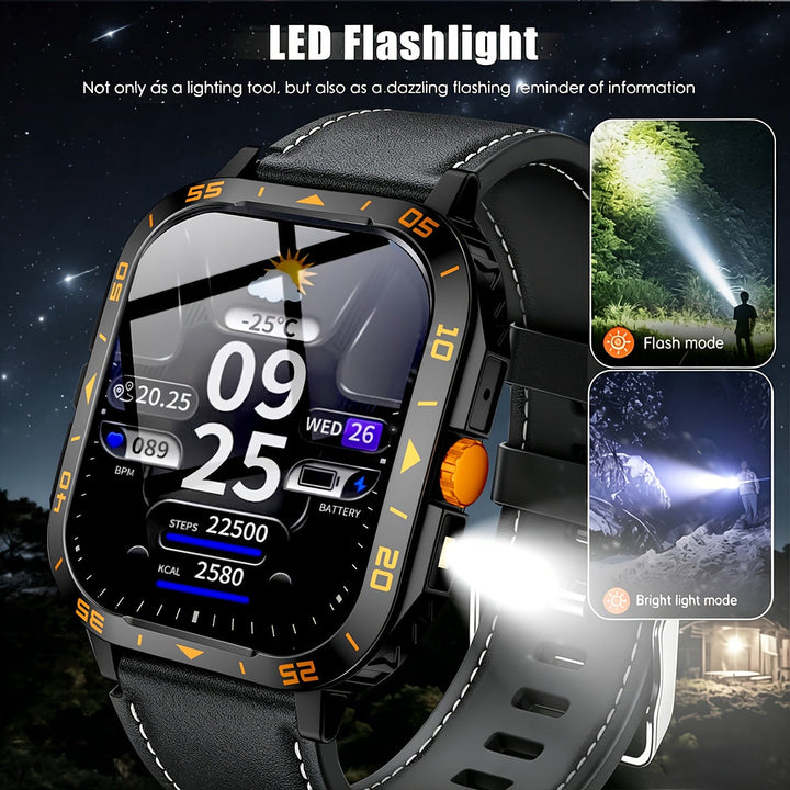Men's rugged smart watch with 1.83-inch display and built-in LED torch