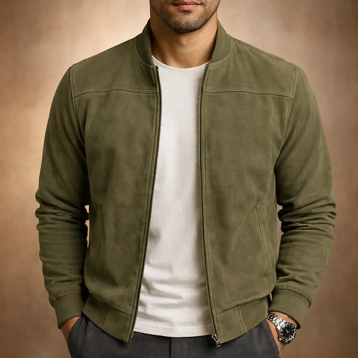 Men's suede-look bomber jacket with ribbed collar and cuffs