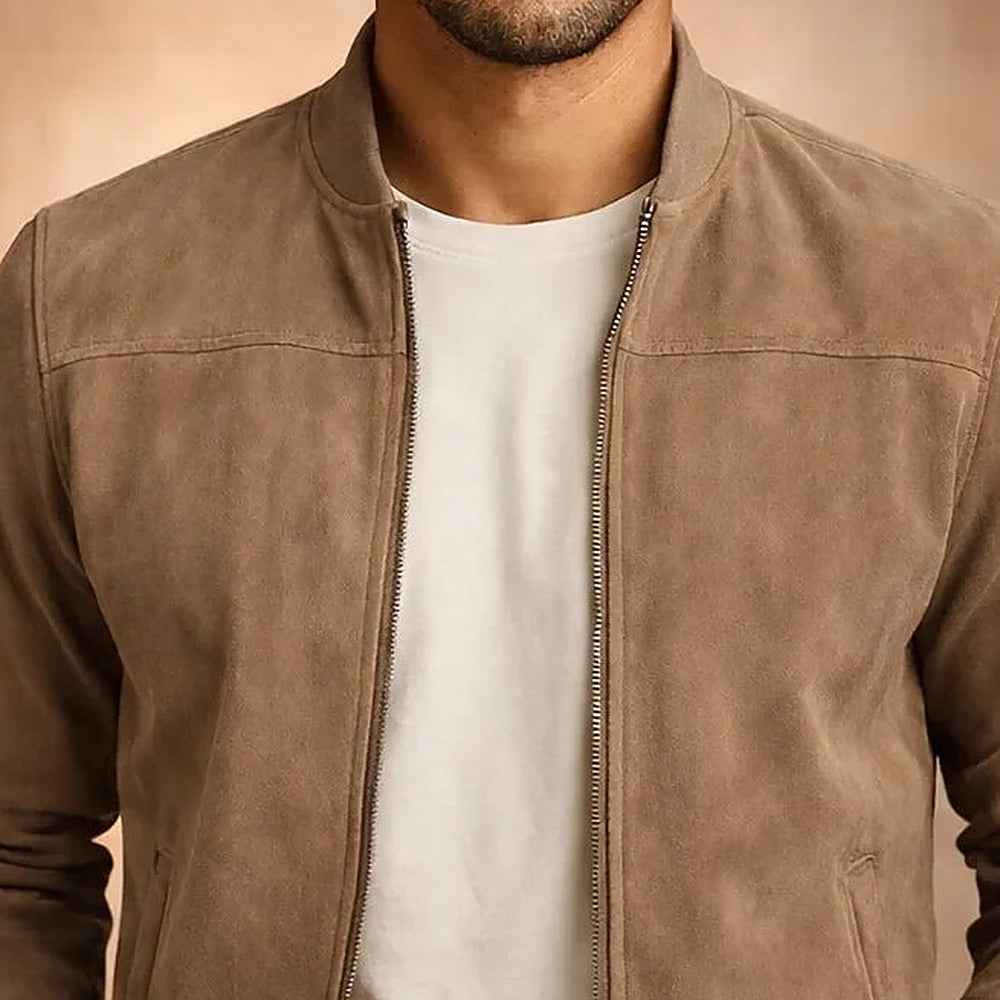Men's suede-look bomber jacket with ribbed collar and cuffs