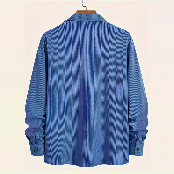 Men's textured shirt jacket in blue, back view