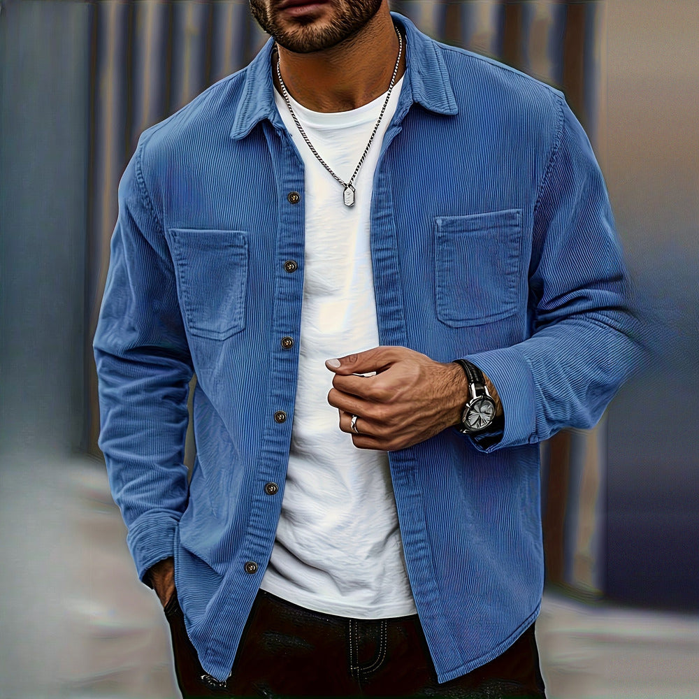 Men's textured shirt jacket in blue, worn by a model