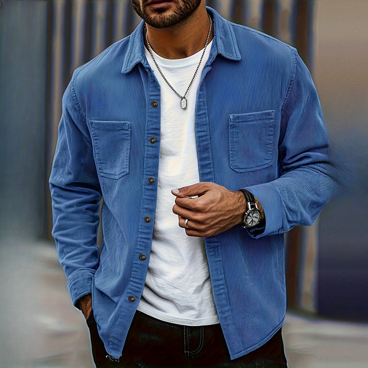 Men's textured shirt jacket in blue, worn by a model