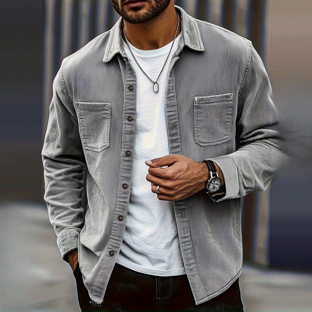 Men's textured shirt jacket in grey, worn by a model