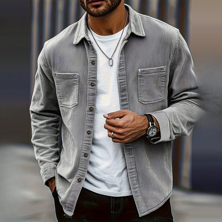 Men's textured shirt jacket in grey, worn by a model