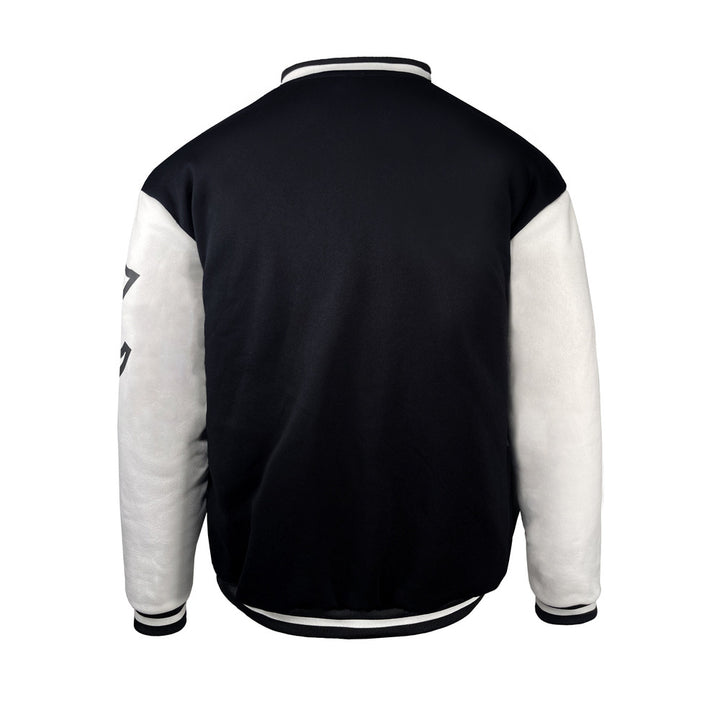 Men's varsity baseball jacket in black, back view