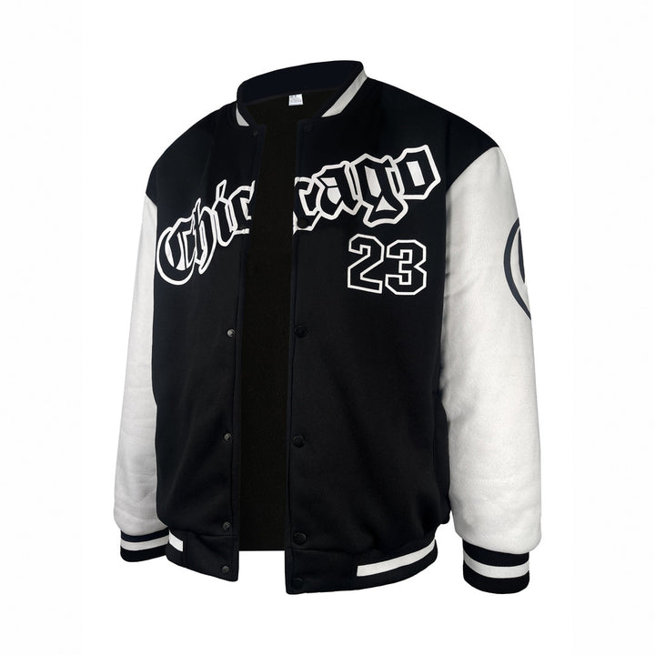 Men's varsity baseball jacket in black, front view