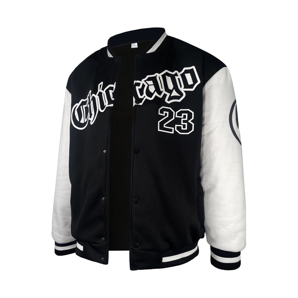 Men's varsity baseball jacket in black, front view