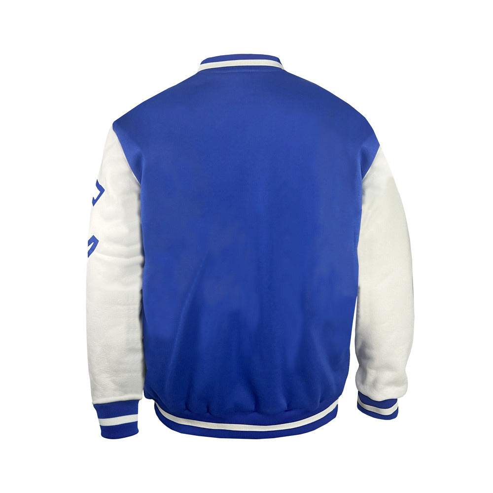 Men's varsity baseball jacket in blue, back view
