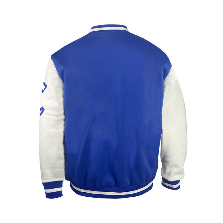 Men's varsity baseball jacket in blue, back view