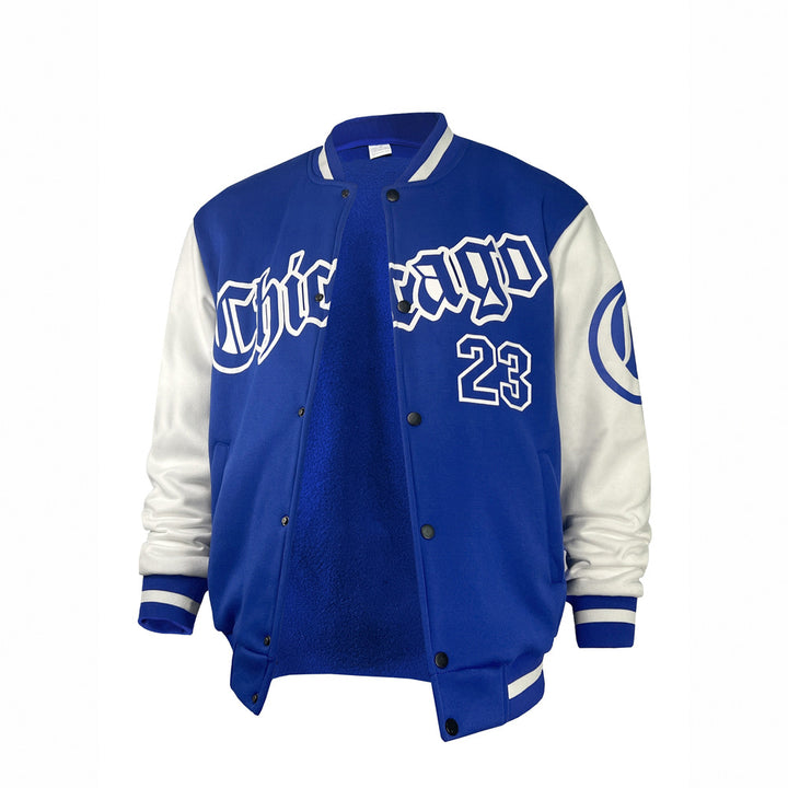 Men's varsity baseball jacket in blue, front view