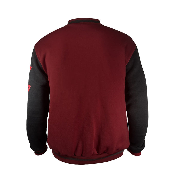 Men's varsity baseball jacket in burgundy, back view