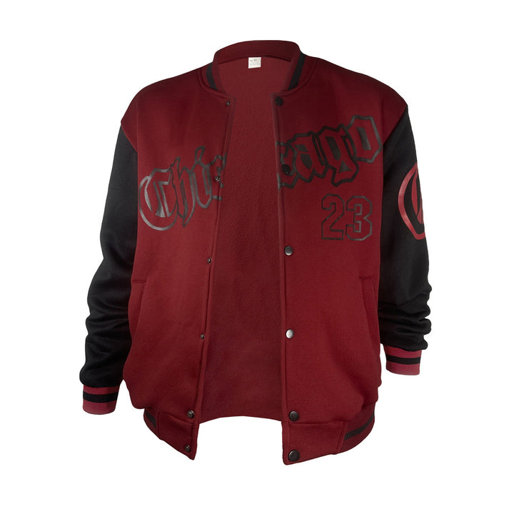 Men's varsity baseball jacket in burgundy, front view