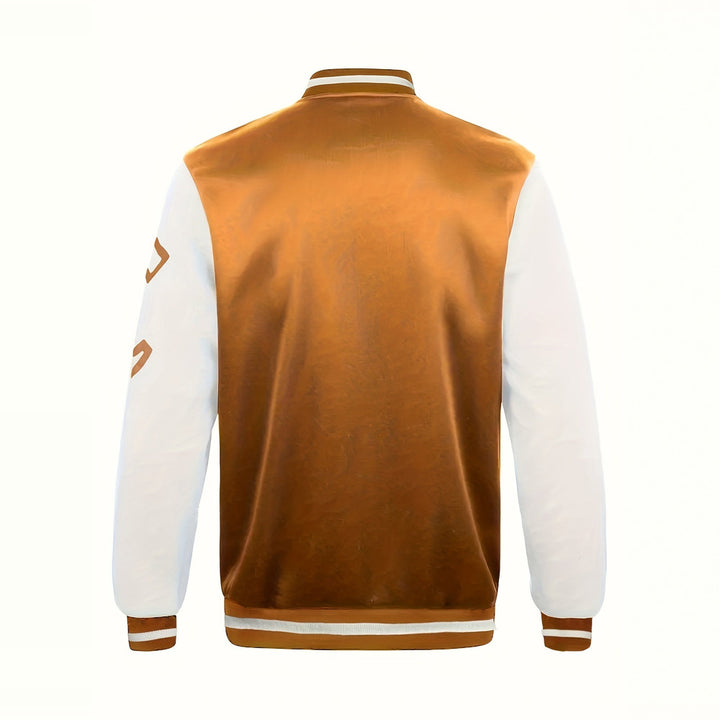 Men's varsity baseball jacket in caramel, back view