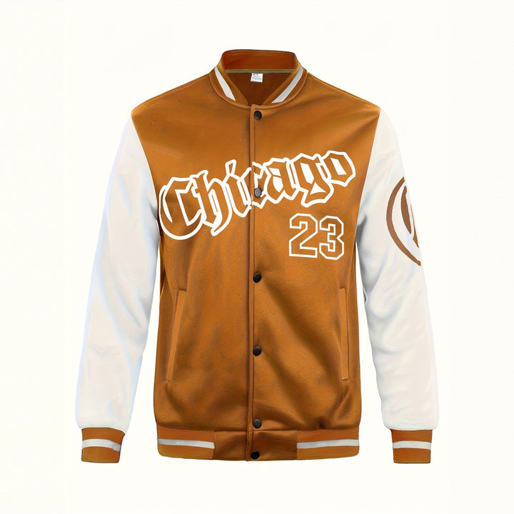 Men's varsity baseball jacket in caramel, front view